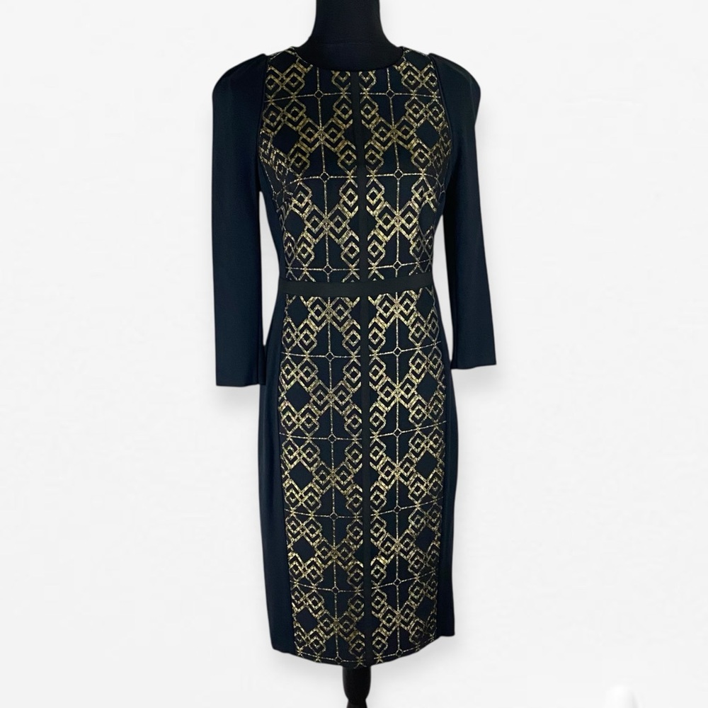 NWT Ted Baker A-line dress featuring a flattering gold geometric jacquard panel